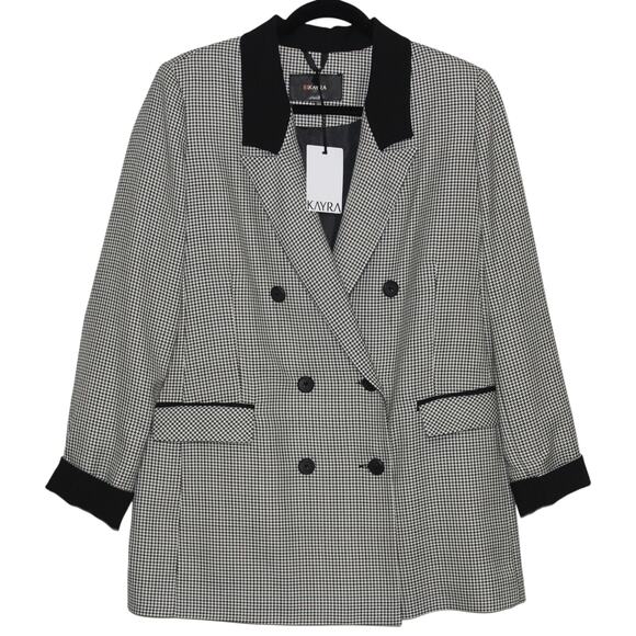 KAYRA Houndstooth Double-breasted Blazer Black & Green NWT Size 44 Large - Picture 3 of 9